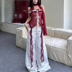 Hnewly Sexy Ruched Lace up Halter Top Y2K Vintage Sleeveless Backless Women's Vest Summer Casual Street Daily Formal Camisole