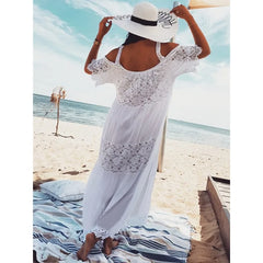 Hnewly Women's White Lace Summer Dresses Fashion Vacation Solid A-line Loose Fit Cold Shoulder Sling Beach Dress