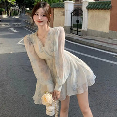 Hnewly Dresses Women A-line Print V-neck Stylish Ulzzang Ladies Holiday Casual Simple Above Knee Design Streetwear Puff Sleeve Soft Ins