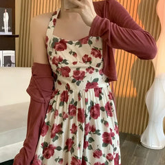 Hnewly Rose Hanging Neck Skirt Women's Summer New Floral Dress Sunscreen Cardigan Two-piece Set