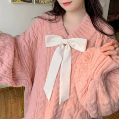 Hnewly Pink Kawaii Oversize Knitwear Sweaters Women Sweet Cute Big Bow Pullovers Autumn Winter Keep Warm Lantern Sleeve V-Neck Sweater