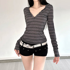 Hnewly Harajuku Striped Print Crop Top Vintage 2000s Button-up V Neck Long Sleeve Hooded T-shirt for Women Retro Streetwear y2k