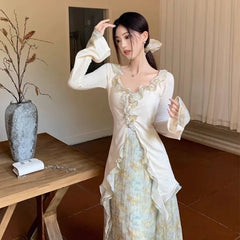Hnewly 2025 Spring New Slim Fit Ruffles Long Sleeve Tops Women+ Y2k Mid-length Flower Print Skirts Chinese Style Two Piece Sets