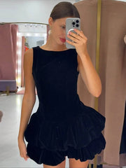 Hnewly Velvet Women's Party Dress O-neck Sleeveless Slim Waist A-line Double-layered bud Female Dresses Autumn Christmas Sexy Robe