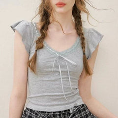 Lunivop French Streetwear V Neck Ruffle Fly Sleeve Base T Shirts Fashion Spliced Lace Bow Appliques Design Solid Top Y2k Punk Clothes