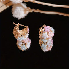 Hnewly 1 Pair Fashion Floral Hoop Earrings for Women Alloy with Resin Inlay Japanese Korean Style Suitable for Daily Wear and Weddings