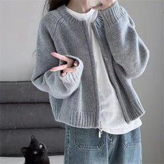 Hnewly Korean Women Knitted Sweater Autumn Winter Chic Loose Long Sleeve Cardigan Tops Simple Solid Color Sweater Jacket