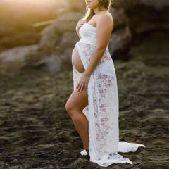 Hnewly Sexy Perspective Strapless Lace Strapless Pregnant Women's Photo Dress High Slit Tail Pregnant Women's Photo with Clothing