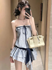 Hnewly Blue Casual Lazy Style Light Strapless Floral Embroidery Striped Dress Women's Summer New Irregular Design Short Skirt