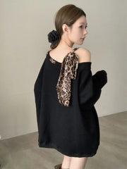 Hnewly Off Shoulder Y2K Sweatshirts Women Leopard Lace Up Loose Pullovers Streetwear American Long Sleeve Casual Female Retro Tops
