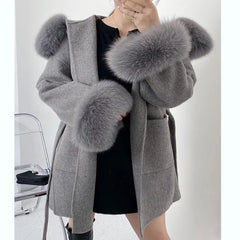 Hnewly New woolen Coat Oversize Ladies Outerwear Winter Women Natural Fox Fur Collar Cuffs Jacket Hood Cashmere Wool