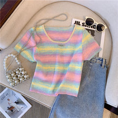 Hnewly Contrast Striped T-shirt For Women's Summer Knitted Short Sleeved Tee Cool Girls Fashion High Street Square Collar Short Top