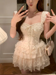 Hnewly Elegant Sweet 2 Piece Skirt Sets Female Lace Pleated Y2k Crop Top + Cute Mini Cake Skirts Japanese Lolita Vintage Suits Summer