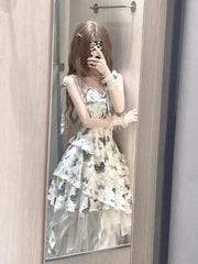 Hnewly Vintage 2000s Y2k Irregular Midi Dress Female Short Party japanese Print Sleeveless Dress One Piece Dress Korean Fashion Summer