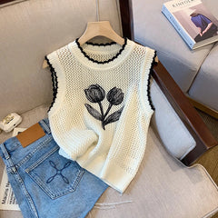 Hnewly Summer Hollow Out Sleeveless Knitted Vest For Women's Outerwear O-Neck Elegant Floral Print Pullover Fashion Girls TankTop