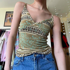 Hnewly Retro Print V-neck Camis Summer Holiday Graphic Sleeveless Skinny Crop Top Women Casual Vintage y2k Tees Streetwear Basic