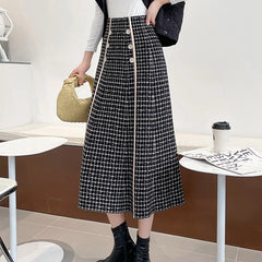 Hnewly Elegant Mix Color Plaid Skirts Women Fashion Button Knitted Skirts for Woman Spring Autumn High Waist A-Line Skirt Female