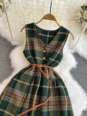 Hnewly Autumn Winter Plaid Woolen Dress Women Vintage V Neck Sleeveless Long Dress With Belt Streetwear Sundress