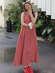 Hnewly Sweet Red Plaid Long Dress Women Elegant Casual Sleeveless Korean Dress Vintage Female Preppy Style Loose A Line Vestidos