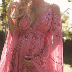Hnewly Maternity Dress for Photoshoot Women Summer Floral Thin Chiffon Ankle-Length Dresses Pregnancy Sukienka Female Belly Beach Dress