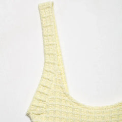 Hnewly Butter Yellow Elasticity Knitted Mini Dress Women Elegant Splicing Sleeveless Backless Gowns Lady High Street Vestidos