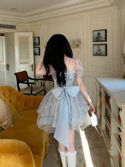 Hnewly Summer Fashion Dresses 2024 French Elegant Dresses For Women Princess Puff Sleeve Bowknot Dresses Mesh Fantastic Fairy Dress