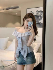 Hnewly Elegant 2 Piece Skirt Sets Summer French Harajuku Y2k Crop Tops Blouse Chiffon Shirt Straight Neck Sexy Slim Denim Skirts