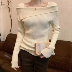 Hnewly trashy outfits Solid Sexy Slim Off Shoulder Slash Neck Long Sleeve Knitting Sweater Women Jumpers Office Fashion New