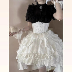 Hnewly Gothic Lolita Stand Collar Bubble Short Sleeved Lace Shirt High Waist Slim Irregular Multi-layer Midi Skirt Two-piece Set