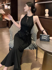 Hnewly Woman Dress Temperament Beaded Sleeveless Halter Elegant Mesh Patchwork Vintage Temperament Dresses Party Ladies