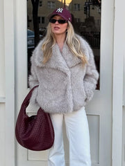 Hnewly Fashion Fluffy Lapel Collar Faux Fur Coat Women Ins Hot Chic Girl Solid Color Fox Fur Jacket Thick Warm Overcoat New