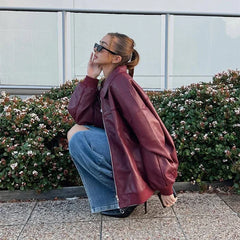 Hnewly Casual Women Turn-Down Collar Leather Jacket Loose Full Sleeve Zipper Solid Lady Jackets Autumn Fashion Female Streewear