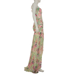 Hnewly French Floral Print Split-Hem Pleated Dress Women Summer Vacation Sleeveless Dress Y2k Casual Clothes Grunge Fairycore