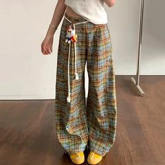 Hnewly Retro Plaid Patchwork Casual Pants Women Summer High Waist No Pendant Loose Wide Leg Pants Y2K Korean All Match Jogging Trousers