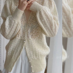 Hnewly Women Luxury Pearls Beaded Mohair Sweater V-neck Hollow Out Thin Loose Knitted Cardigan Korean Elegant Long Sleeved Spring Top
