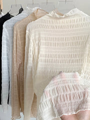 Hnewly Women T-Shirts Vintage Pleat Long SleeveTop Spring Autumn Mesh Fabric Lace Half Turtleneck Korean Fashion All-match Shirt