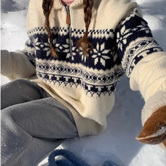 Hnewly Fair Isle Sweater for Women Cozy Knitwear Polo Collar Quarter Zip Knitted Pullover Jumper Ladies Autumn Winter Vintage Outfit