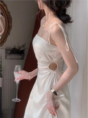 Hnewly Summer Women Spaghetti Strap Elegant Midi Satin Dresses Vintage Wedding Evening Birthday Holiday Beach Backless Prom Clothes New