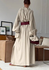 Hnewly New Women's Puff Sleeve Maxi Dress Drawstring Neck and Loose Fit Design Elegant Casual Lace Up Long Skirt