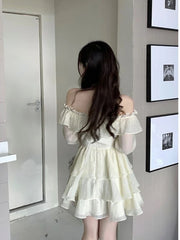 Hnewly Long Sleeve Elegant Mini Dress Lolita Pure Color Short Party Dress Woman Casual Spring Sweet One Piece Dress Korean Fashion
