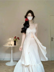 Hnewly White 2 Piece Dress Sets Summer French Romance Elegant Halter Blouse + Sweet Skirts Fairy Style Beach Party Aesthetic