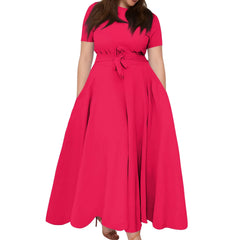 Hnewly Summer Classic Solid Color Large Size Round Neck Short Sleeve Pocket Straps Swing Dress Fashion High Waist A-line Skirt