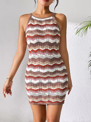 Hnewly Sexy Hollow out Knitted Stripe Beach Dr Strapl ort Skirt Women's Summer Faion Casual Breathable Clothing