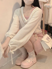 Hnewly Knitted Kawaii Lolita Two Piece Set Women Japanese Cute Sweet Dress Suit Female Korean Bow Pink Dress + Long Sleeve Coat
