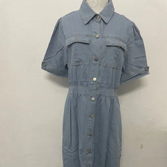 Hnewly Elegant Loose Women's Blue Dress Button Shirt Short Sleeve High Waist Single Breasted Summer Long Maxi Dresses Vestidos