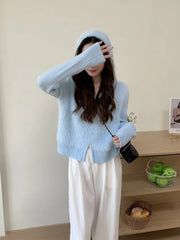 Hnewly Fuzzy Sweater Hoodie Zip-Up Mohair-Knit Cardigan Women Long Sleeve Hooded Crop Top Knitwear Fall Winter Teen-girl Y2K Outfit