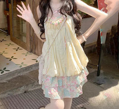 Hnewly Dress for Women Patchwork Chic Casual Pleated Dresses Spring Summer 2025 New Fashion Female Spaghetti Strap Sweet Dress