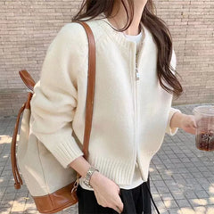 Hnewly Sweater y2k Clothes Women Soft Warm Solid Color Round Neck Zip Up Long Sleeve Knitted Tops 2000s Clothing Streetwear