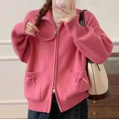Hnewly Korean Bow Cardigan Women Lazy Wind Double Zipper Long Sleeve Knitted Jacket Vintage Sweet Casual Preppy Style Tops Coat