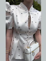 Hnewly Elegant Polk Dot Women's Shirt Hollow Out Short Puffed Sleeve Stand Collar Single-Breasted Blazer Summer Fashion Female Top
